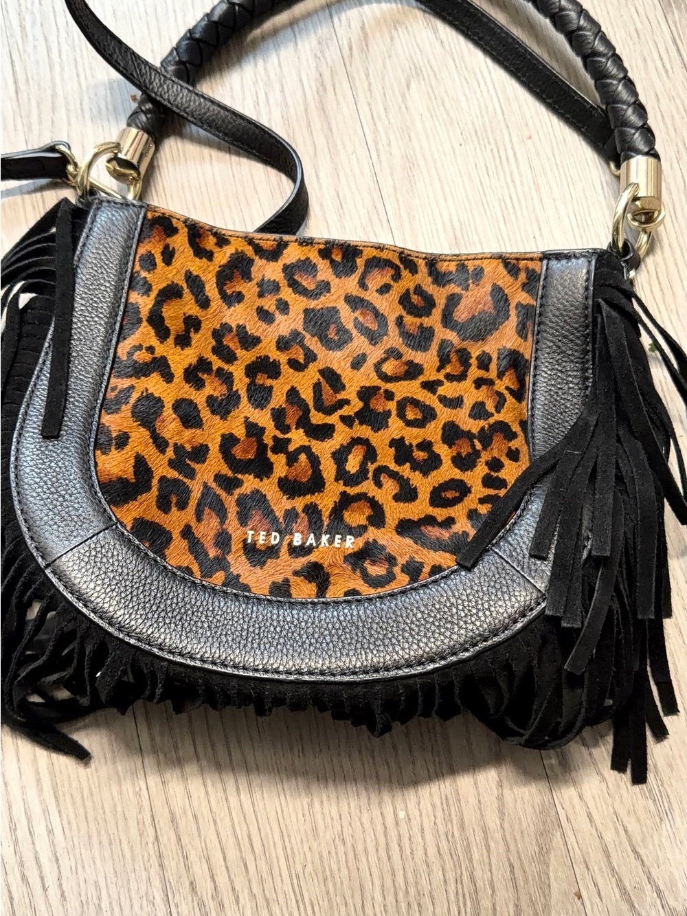Ted Baker Leopard-Print Fringe Shoulder Bag - Black & Tan